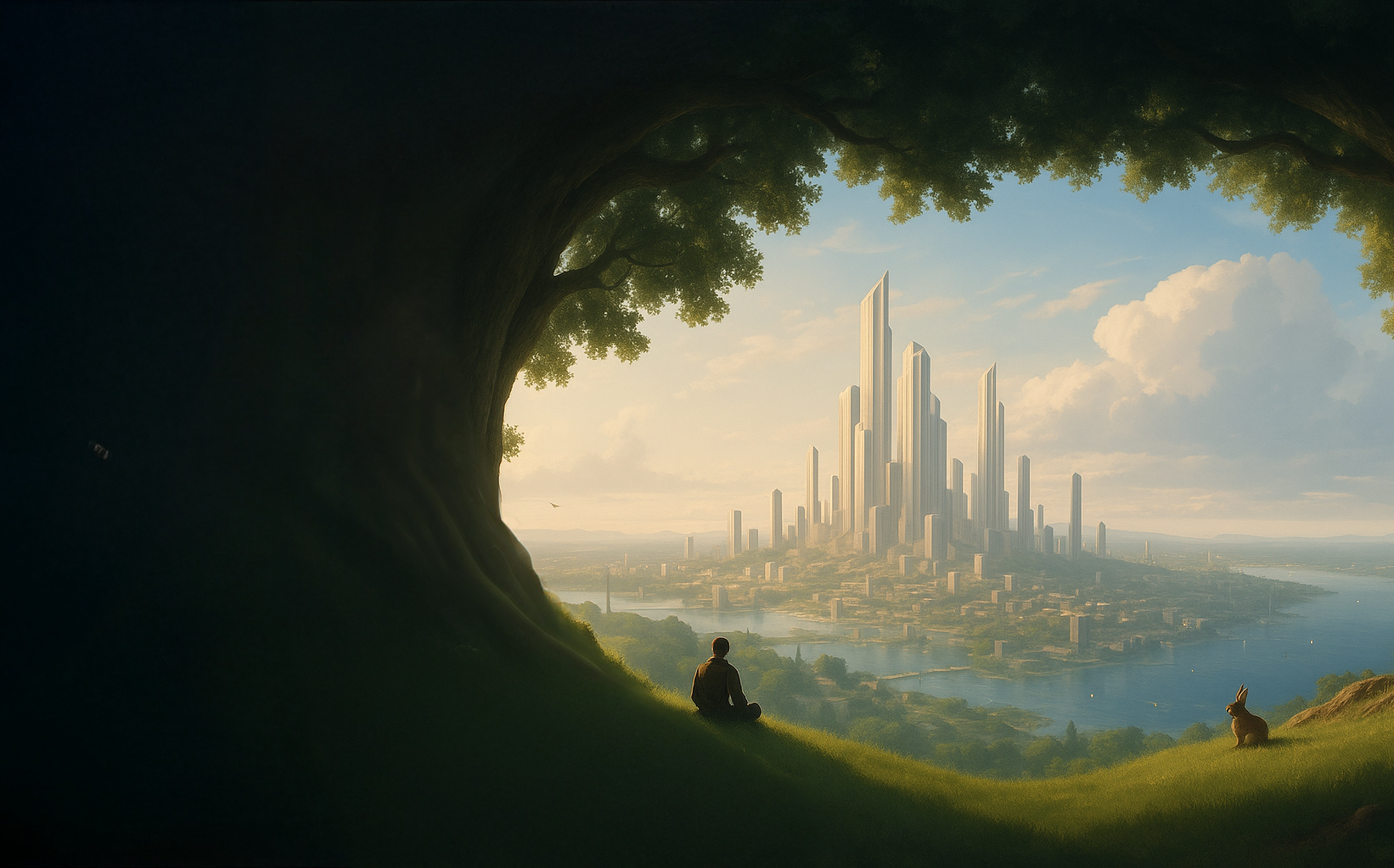 Futuristic city viewed from a hillside with a person sitting under a tree